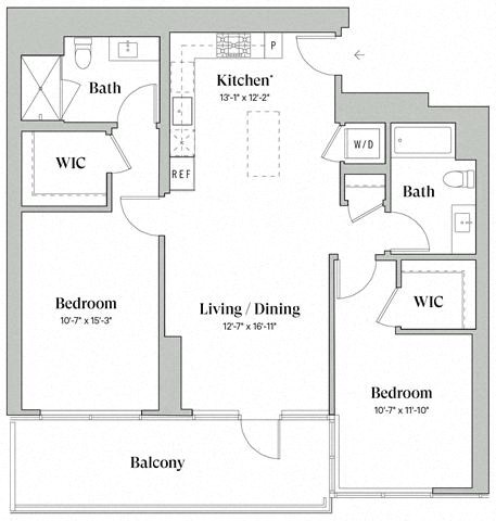 Floor plan for 2 beds, 2 baths, 1089 sqft