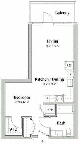 Floor plan for studio, 1 bath, 591 sqft