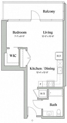 Floor plan for studio, 1 bath, 584 sqft