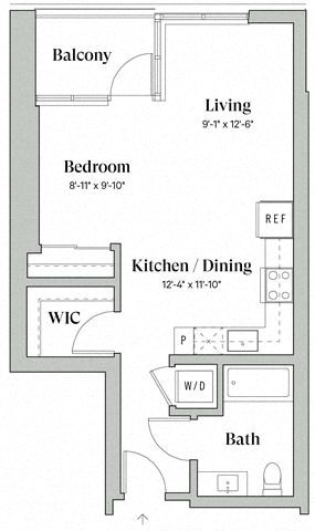 Floor plan for studio, 1 bath, 581 sqft