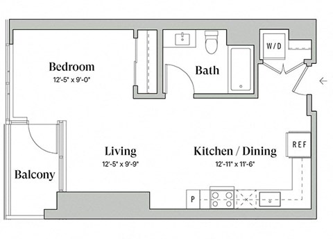 Floor plan for studio, 1 bath, 577 sqft