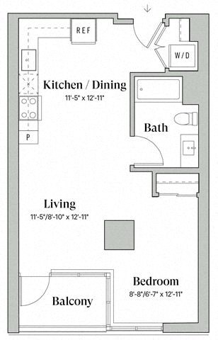 Floor plan for studio, 1 bath, 580 sqft
