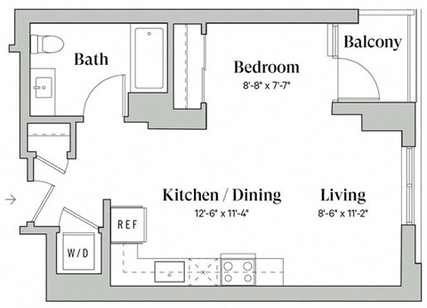 Floor plan for studio, 1 bath, 519 sqft