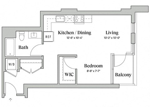 Floor plan for studio, 1 bath, 598 sqft