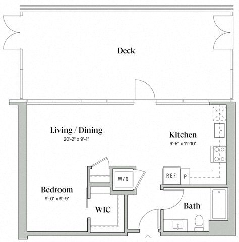 Floor plan for studio, 1 bath, 629 sqft