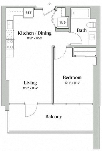 Floor plan for 1 bed, 1 bath, 599 sqft