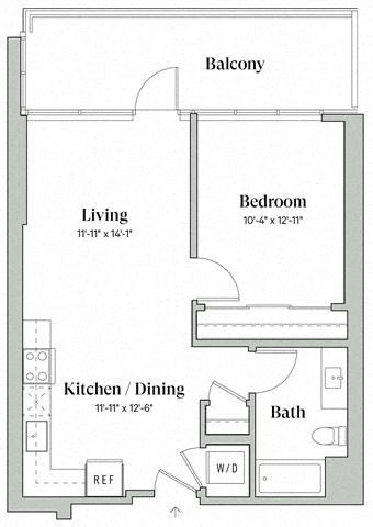 Floor plan for 1 bed, 1 bath, 665 sqft
