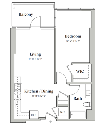 Floor plan for 1 bed, 1 bath, 730 sqft
