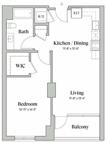 Floor plan for 1 bed, 1 bath, 714 sqft