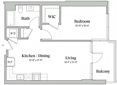 Floor plan for 1 bed, 1 bath, 698 sqft