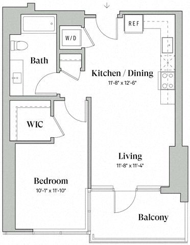 Floor plan for 1 bed, 1 bath, 682 sqft