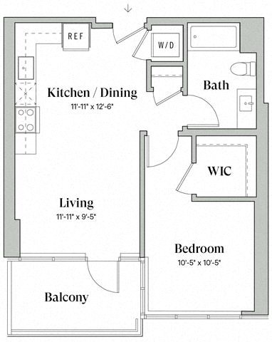 Floor plan for 1 bed, 1 bath, 617 sqft