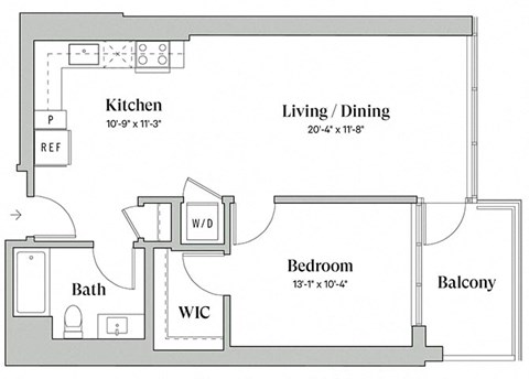 Floor plan for 1 bed, 1 bath, 746 sqft