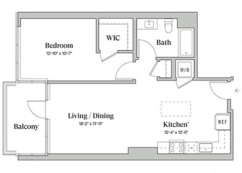 Floor plan for 1 bed, 1 bath, 753 sqft