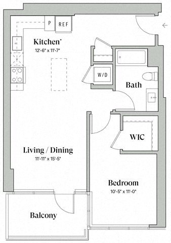 Floor plan for 1 bed, 1 bath, 741 sqft