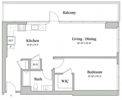 Floor plan for 1 bed, 1 bath, 854 sqft