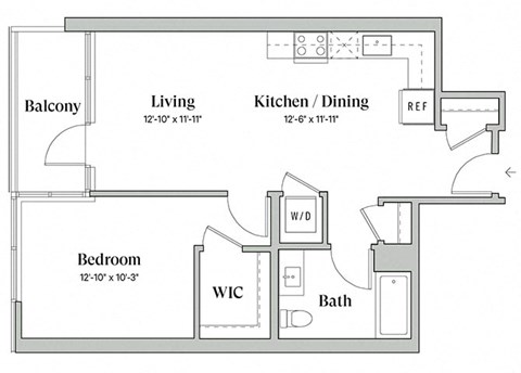 Floor plan for 1 bed, 1 bath, 717 sqft