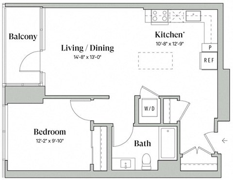 Floor plan for 1 bed, 1 bath, 741 sqft