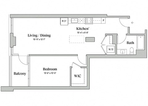 Floor plan for 1 bed, 1 bath, 836 sqft