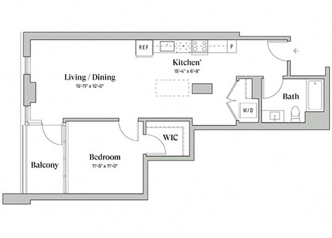 Floor plan for 1 bed, 1 bath, 793 sqft