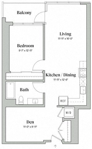Floor plan for 1 bed, 1 bath, 847 sqft