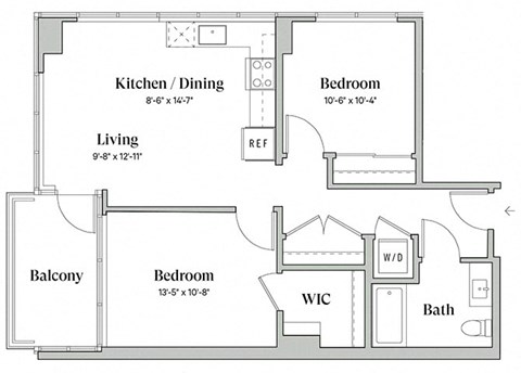 Floor plan for 2 beds, 1 bath, 843 sqft