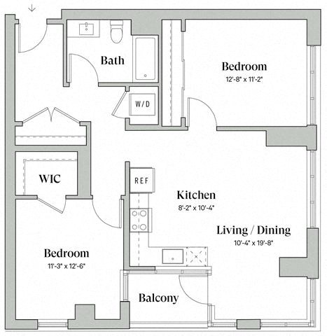Floor plan for 2 beds, 1 bath, 985 sqft