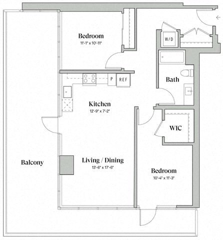 Floor plan for 2 beds, 1 bath, 1011 sqft