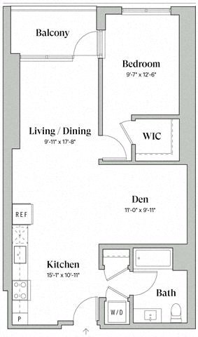 Floor plan for 1 bed, 1 bath, 839 sqft