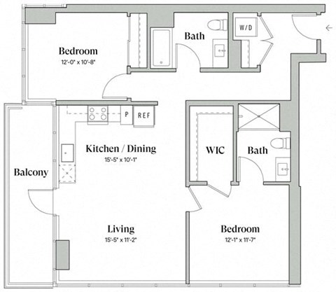 Floor plan for 2 beds, 2 baths, 1061 sqft