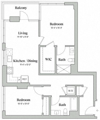 Floor plan for 2 beds, 2 baths, 1072 sqft