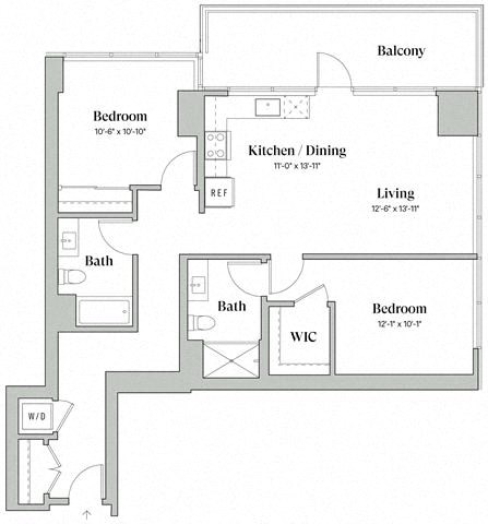 Floor plan for 2 beds, 2 baths, 1107 sqft