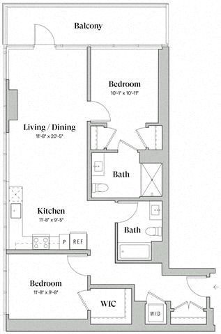 Floor plan for 2 beds, 2 baths, 1069 sqft