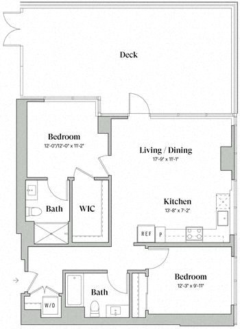 Floor plan for 2 beds, 2 baths, 1001 sqft