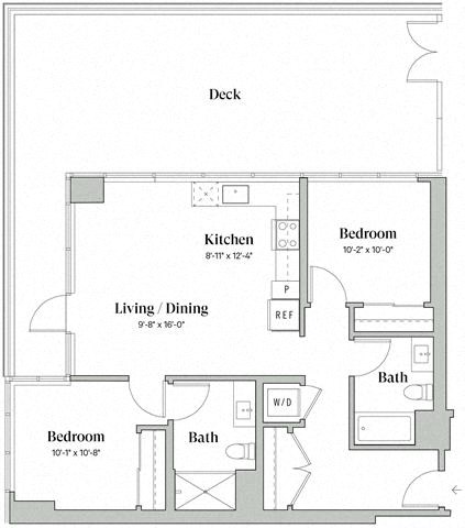 Floor plan for 2 beds, 2 baths, 938 sqft