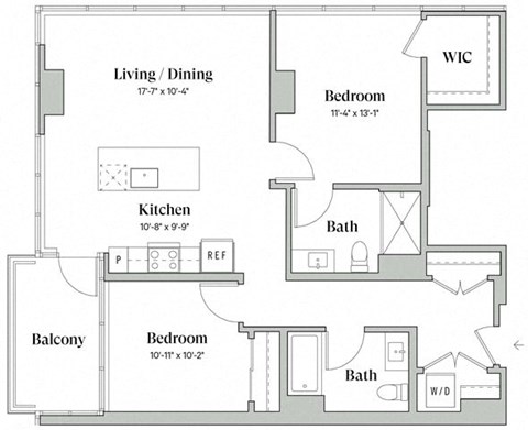 Floor plan for 2 beds, 2 baths, 1055 sqft