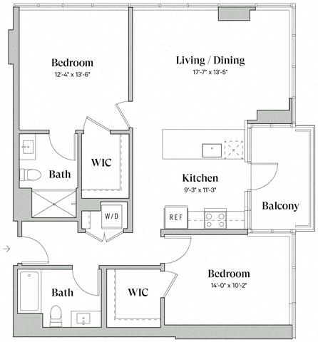 Floor plan for 2 beds, 2 baths, 1117 sqft