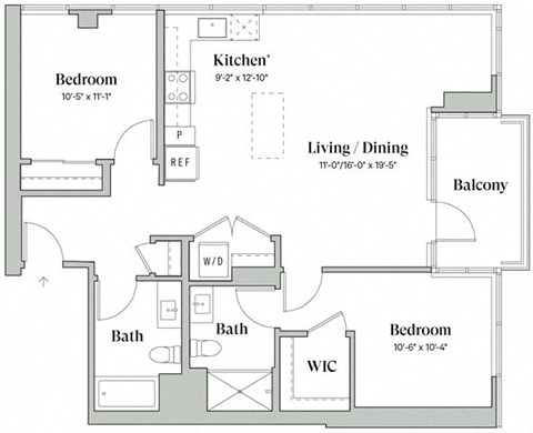 Floor plan for 2 beds, 2 baths, 1058 sqft
