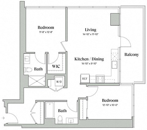 Floor plan for 2 beds, 2 baths, 1093 sqft