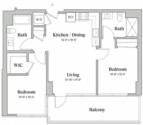 Floor plan for 2 beds, 2 baths, 891 sqft