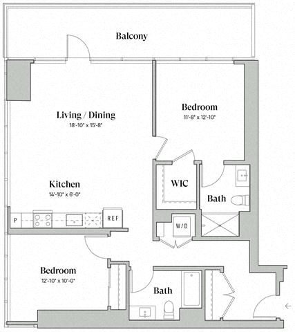 Floor plan for 2 beds, 2 baths, 1178 sqft