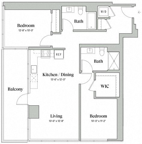 Floor plan for 2 beds, 2 baths, 1100 sqft