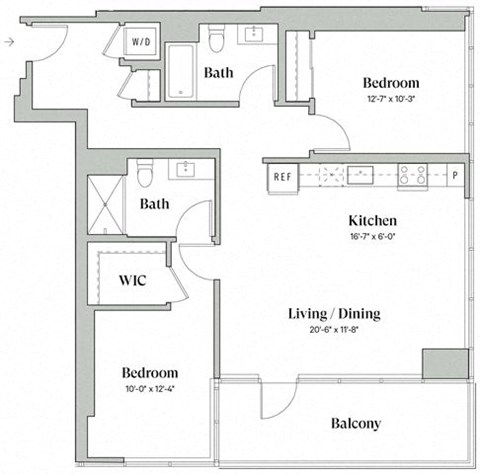 Floor plan for 2 beds, 2 baths, 1131 sqft