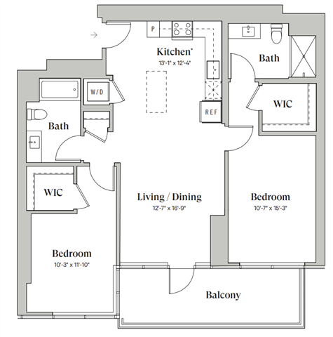 Floor plan for 2 beds, 2 baths, 1089 sqft