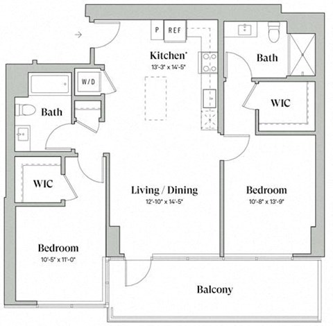 Floor plan for 2 beds, 2 baths, 1038 sqft