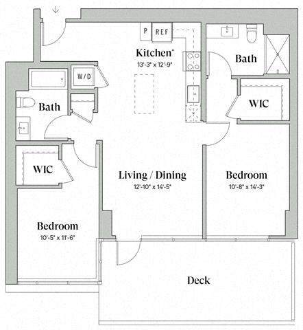 Floor plan for 2 beds, 2 baths, 1077 sqft