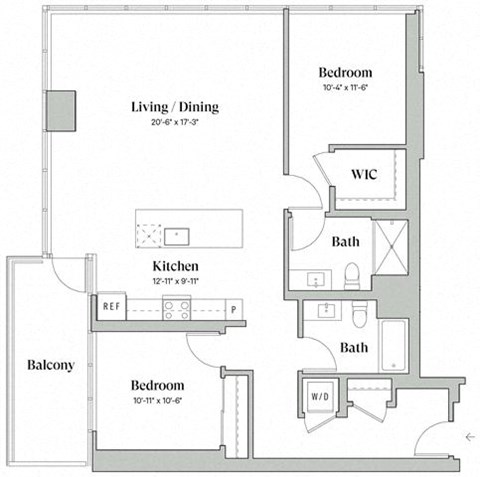 Floor plan for 2 beds, 2 baths, 1286 sqft
