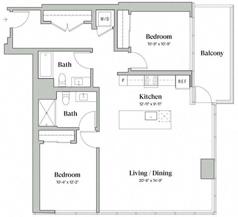 Floor plan for 2 beds, 2 baths, 1205 sqft