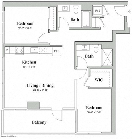 Floor plan for 2 beds, 2 baths, 1127 sqft