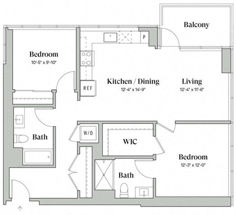 Floor plan for 2 beds, 2 baths, 1040 sqft
